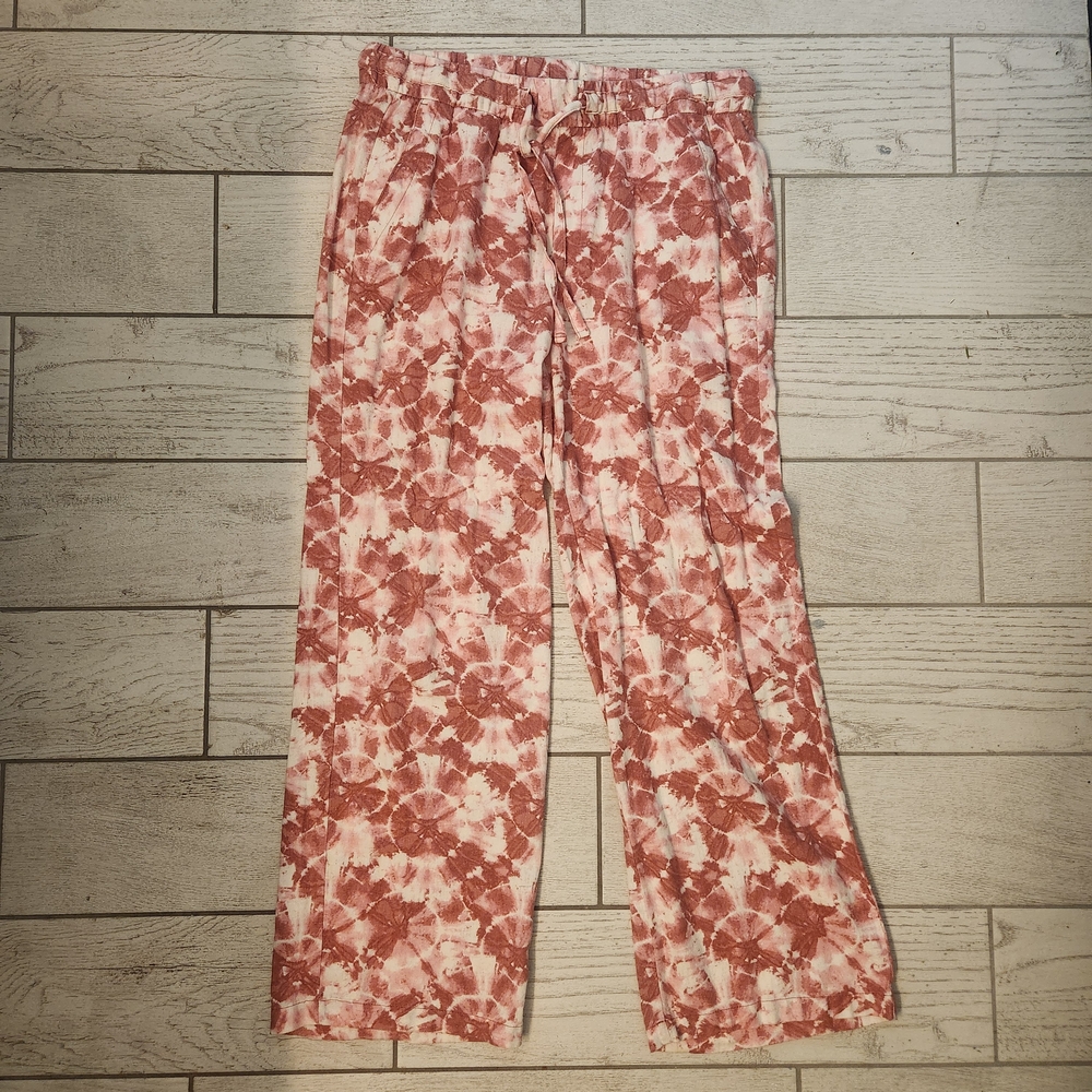 Women's Old Navy Pink and Cream Tie-Dye Linen Blend Pants Size Medium Drawstring